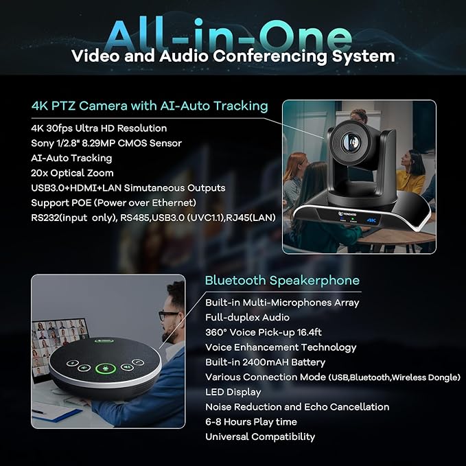 TONGVEO 4K PTZ Conference Room Camera System AI Auto-Tracking 20x Zoom 4K PTZ Camera USB3.0 HDMI LAN outputs and Bluetooth Speakerphone with Microphone for Large Remote Meeting