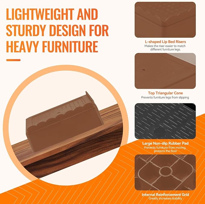 shouwuhho Furniture Risers, 4 Pack Bed Risers with Non-Slip Grip and Heavy Duty Support, 1 Inch 2 Inch 3 Inch 4 Inch Height Lift for Couch, Sofa, Table, Desk, Chair, Refrigerator - Brown, 1+1 Inch