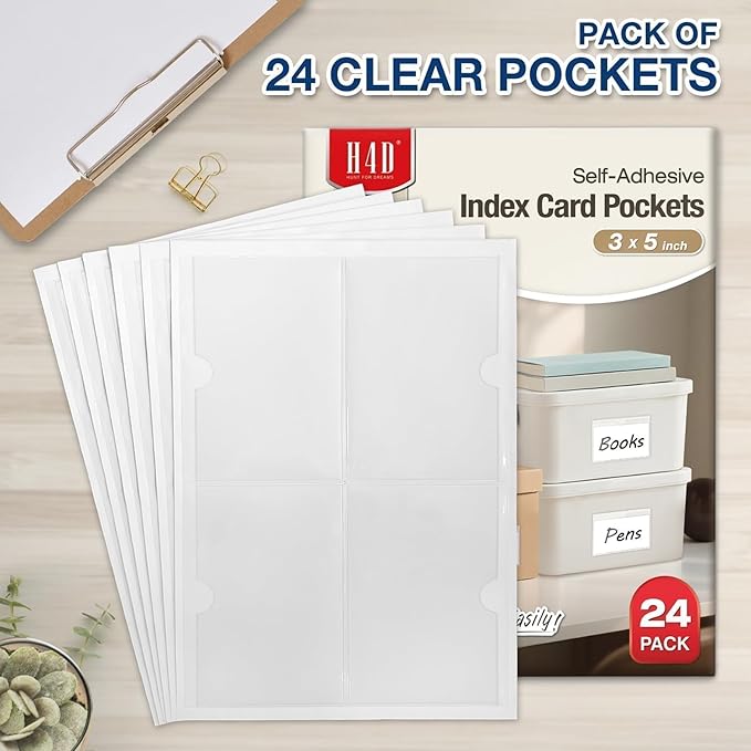 H4D 24 Pack Labels for Storage Bins, 3" x 5" Plastic Clear Adhesive Index Card Holders, Tote Label Pockets for Organizing Storage, Library Card, Shelves