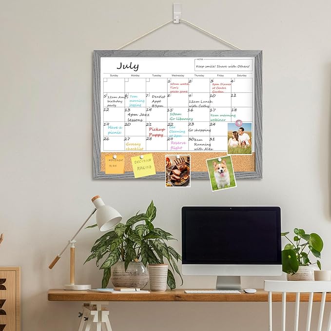 Calendar Whiteboard for Wall, 18x24 Inches Dry Erase Calendar Cork Board Combo, Magnetic Monthly White Board with Wood Framed, Hanging Dry Erase Board for Home Kitchen Office Planner Memo