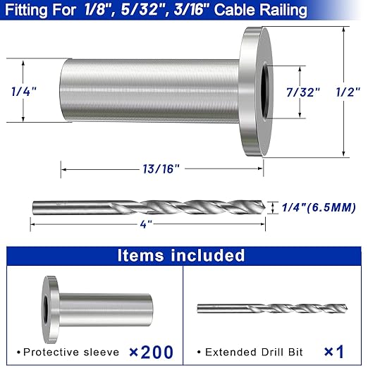 Steel DN Mate 200 Pack Stainless Steel Protector Sleeves for 1/8" 5/32" or 3/16" Cable Railing, Cable Protector Sleeves for Cable Railing System,T316 Cable Railing Hardware with a Drill Bit, DE05