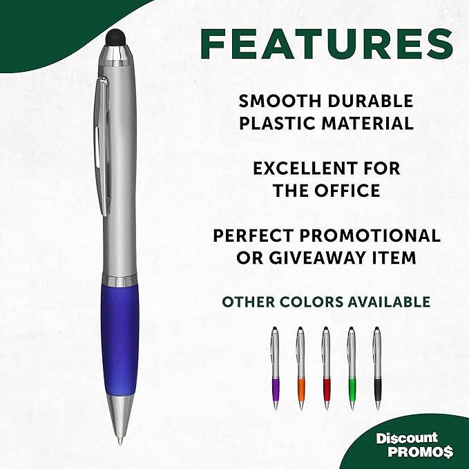 DISCOUNT PROMOS Stylus Ballpoint Pens Set of 10, Bulk Pack - Black Ink, Great for Office, School, Business, Tradeshows, Events - Blue