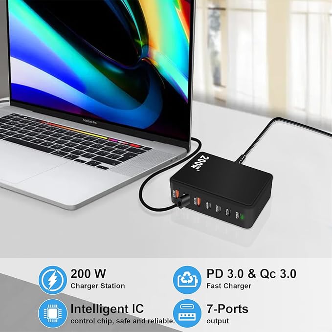 USB C Charger Block 200W 7 Port GaN Fast Charging Block Station, Multiport PD QC3.0 Brick Hub Compatible with Laptop MacBook Pro/Air, iPad, iPhone 17/16/15, Galaxy S23/22, DELL, Steam Deck(Black)