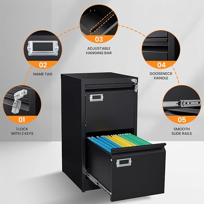 AFAIF 2 Drawer File Cabinet with Lock, Metal Filing Cabinets for Home Office, Vertical Black Small File Caninet, Steel Narrow Two Drawer File Cabnet for Letter/Legal / A4 / B4 - Assembly Required