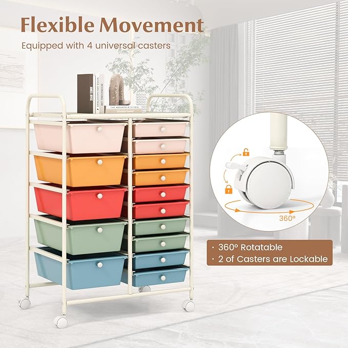DORTALA 15-Drawer Rolling Storage Cart with Drawers, Rolling Utility Cart w/Removable Drawers & Universal Wheels, Tools Scrapbook Paper Organizer for School, Office, Home, Classroom (Macaroon Color)
