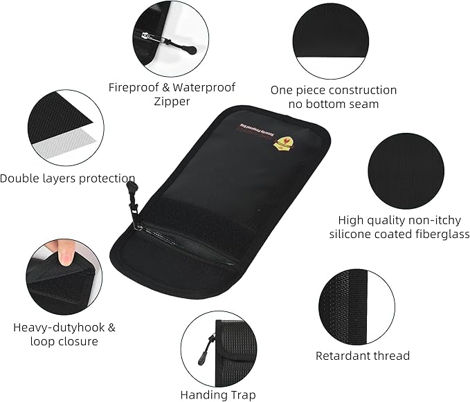 2 Pack Small Fireproof Wallet Pouch, Non-Itchy Waterproof Cash Bag with Zipper, 8 x 5.12 inch, Black, Safe-Accessories