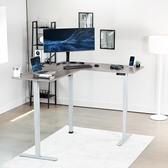 VIVO Electric Corner 63 x 55 inch L-Shaped Standing Desk, Memory Height Adjustment, Dark Gray Top Gray Frame, DESK-E3CTGG