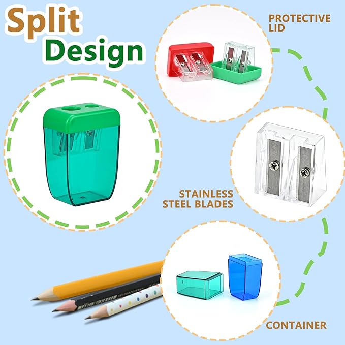 AUSTARK 24Pcs Pencil Sharpener Manual, Small Dual Hole Pencil Sharpeners Bulk for School Office Home, Back to School Supplies