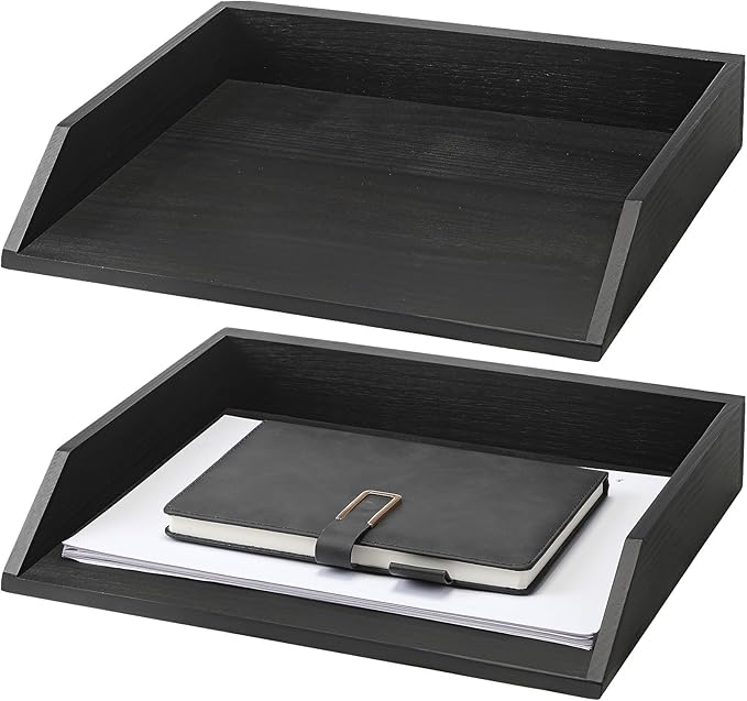 Beeveer 2 Pcs Wooden Letter Trays Wood Letter-Size Desk Organizer Heavy Duty 2 Tier Stackable Supports Paper Tray Desktop Drawer Organizer File Folder Magazine Office Accessories (Black)