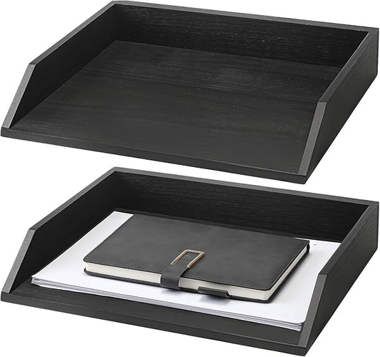 Beeveer 2 Pcs Wooden Letter Trays Wood Letter-Size Desk Organizer Heavy Duty 2 Tier Stackable Supports Paper Tray Desktop Drawer Organizer File Folder Magazine Office Accessories (Black)