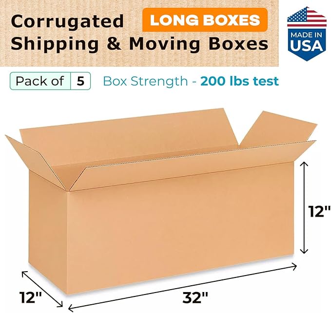 Long Shipping & Moving Boxes 32 x 12 x 12 inches (5-Pack) - Extra Strength 200 lb vs Regular - Corrugated Strong Packing Boxes - Cardboard Box Moving Stuff - Carton Box for Moving by IDL Packaging