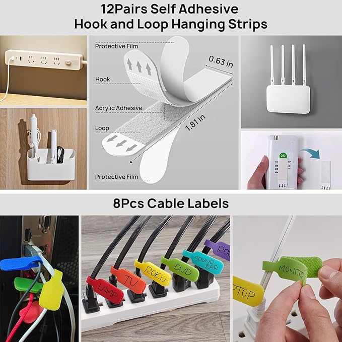 Ditar Cable Management Kit - 4 Cable Sleeve, 57 Self Adhesive Cable Clips, 12 Hanging Strips, 12 Cable Organizer Straps and 100 Fastening Cable Ties for TV Computer Under Desk (Black and White)