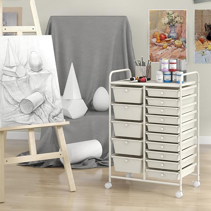 GLACER 15 Drawers Rolling Cart, Storage Cart with w/Removable Drawers & Steel Frame, Multipurpose Organizer Cart w/Sleek Handle, Utility Cart on Lockable Wheels for Home, School, Office (White)