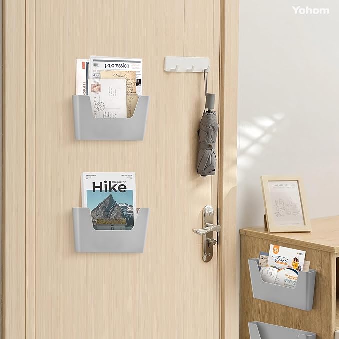 YOHOM No Drilling File Holder Wall Mails Magazines Organizer Adhesive Door Mount, Single Pocket, (White 1) (GREY, 5 PCS)
