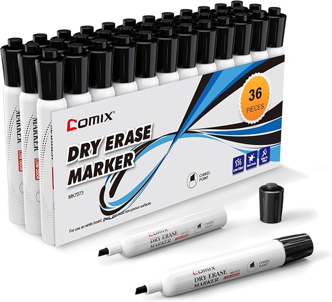 Comix Low Odor Dry Erase Markers Black, 36 Bulk Black Color Whiteboard Markers, Chisel Tip Thick Markers for Classroom, Teachers, Office, School Supplies