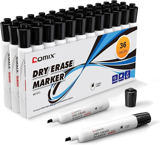 Comix Low Odor Dry Erase Markers Black, 36 Bulk Black Color Whiteboard Markers, Chisel Tip Thick Markers for Classroom, Teachers, Office, School Supplies
