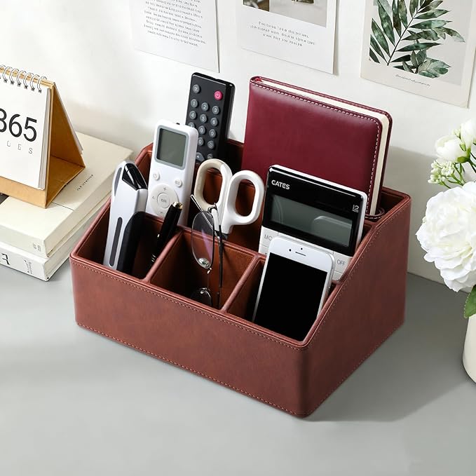 Cretkhp Remote Control Holder with 5 Compartments for Office Art Supplies, PU Leather Nightstand Organizer Pencil Pen Desk Caddy for Home, Desktop TV Remote Control Organizer Storage (Brown)