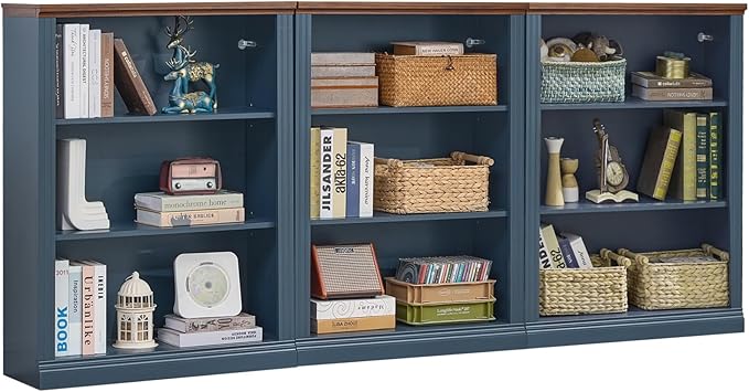 RWYHG 43" Blue Tall Bookshelf Set of 3,3-Tier Thick Wooden Book Shelf with Adjustable Shelves,Free Standing Farmhouse Bookcase with Open Display Storage,Floor Vintage Bookshelves for Living Room ﻿