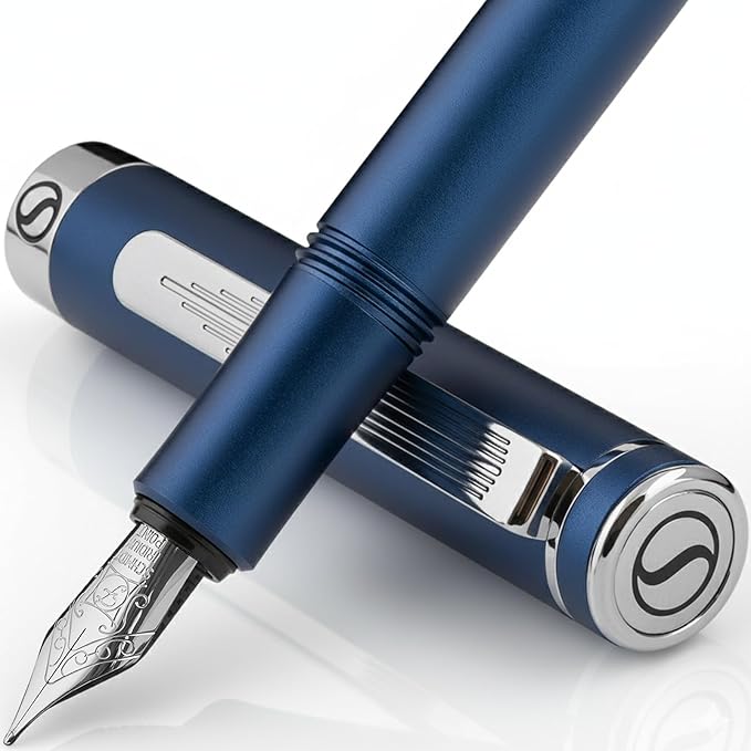 Scriveiner Luxury EDC Fountain Pen (Fine), Stunning Matt Blue Pocket Pen, Chrome Finish, Schmidt German Nib, Converter, Best Writing Pen Gift Set for Men & Women, Nice Fancy Office Designer Pen