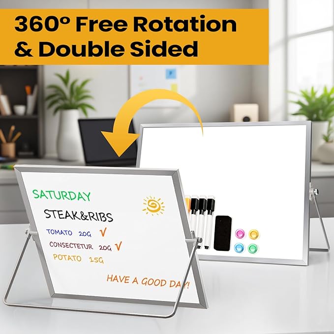 Lumspax Desktop Whiteboard with Stand, 16" x 12" Double-Sided Dry Erase Board with Stand, Portable Stand White Board for Office, Home, School