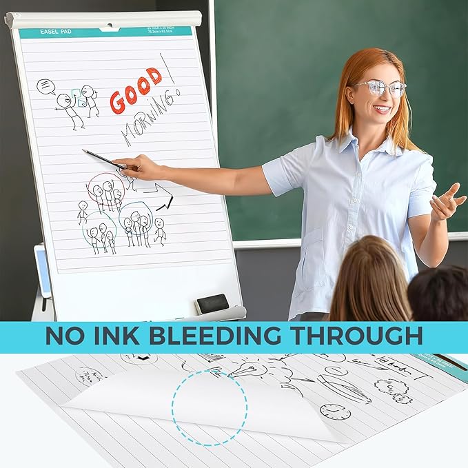 FAHKNS Lined Sticky Easel Pad，Large 25x30 Inch Self-Adhesive Teacher'S Flip Chart Paper, Easel Pad with Dry Erase Surface for Classroom/Office, White, 30 Sheets/Pad, 10 Pads/Pack