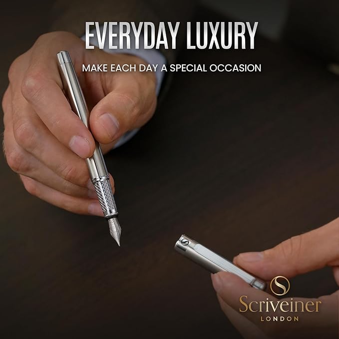 Scriveiner Stainless Steel Fountain Pen - Stunning Luxury Pen with Steel Finish, Schmidt Steel Nib (Fine), Best Pen Gift Set for Men & Women, Professional, Executive Office, Nice Designer Pens