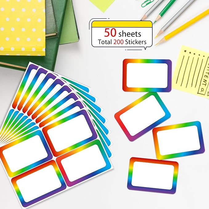 Wonmon 200 PCS Rainbow Name Tags Stickers, Self Adhesive Colorful Rainbow Name Tag Labels Stickers for Back to School Classroom Student Office Desk Cubby Locker Themed Party, 2x3 inch