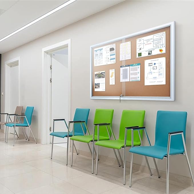 SWANCROWN Glass Enclosed Bulletin Board 48"x32", Locking Cork Board with Sliding Glass Doors for Indoor Use