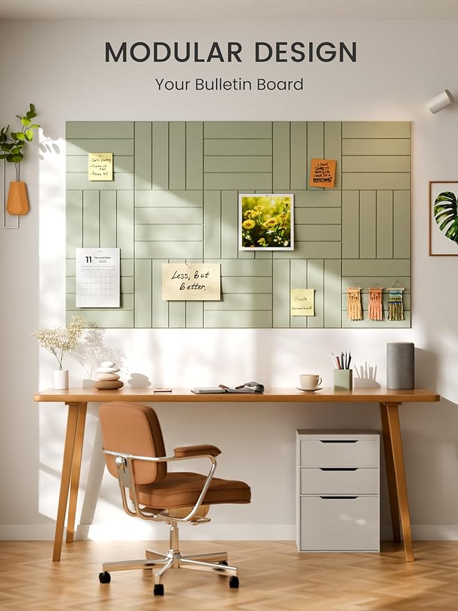 Bumusty Large Cork Board Alternative-36 x24 Felt Bulletin Board Tiles, with 30 Pushpins, 40 Adhesive Tabs, 6-Pack Slat Wall Paneling, Cork Boards for Office Push Pin Board Felt Board-Sage