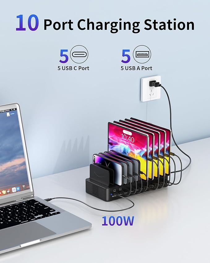 415W Charging Station for Multiple Devices, 10-Port USB C Fast Charger Station, Dual PD 100W Charging Dock with Adjustable Dividers & 6 Cables-Device Organizer for Laptop MacBook, iPhone, iPad
