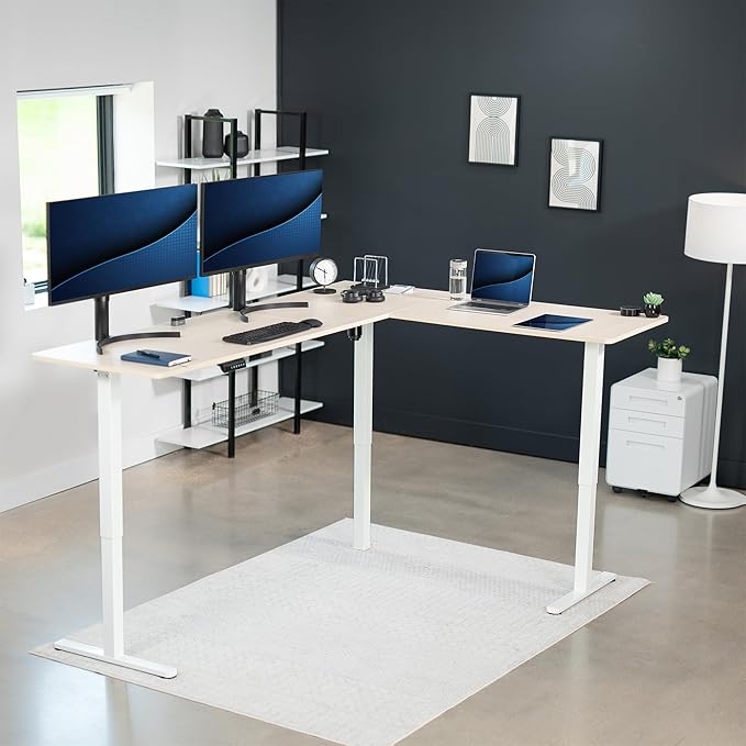 VIVO Electric Corner 84 x 63 inch L-Shaped Standing Desk, Memory Height Adjustment, Light Wood Top White Frame, DESK-E3CTWC-84