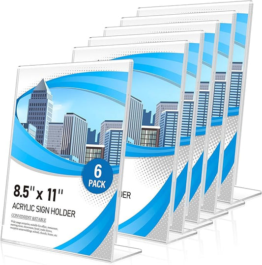 Eocnrhe Acrylic Sign Holder 8.5 x 11 6 Pack, Double-Sided Clear Sign Holder Plastic Stands for Display, Table Sign Stands, L Shape Flyer Holder