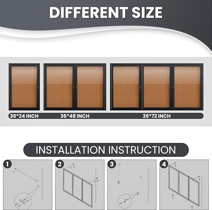 72"x36" Lockable Enclosed Bulletin Board, Outdoor Cork Weather-Resistant Aluminum Frame Notice Board, Wall Mounted Display Case Acrylic Doors for School,Office,Black Frame w/Cork