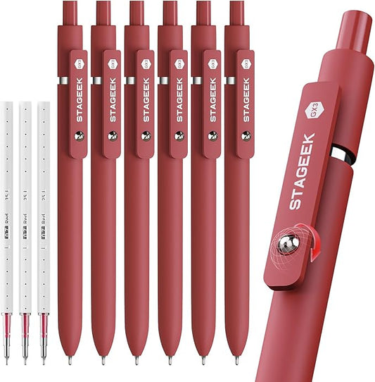 STAGEEK Red Gel Pens, 6Pcs Quick Dry Red Ink Pens with 3 Extra Refills, Fine Point Retractable Smooth Writing Pens for Journaling, Note Taking, School Supplies, Nurse Aesthetic, Office(Red)