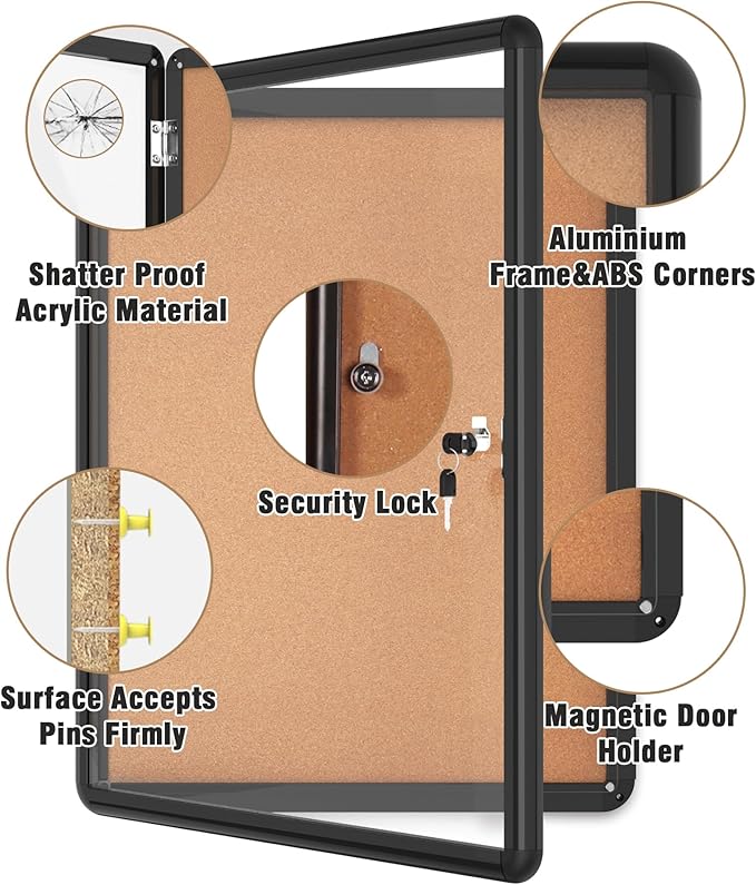 Mifuro 26"x20" Enclosed Bulletin Board, Lockable Weather-Resistant Aluminum Cork Noticeboard for School & Office, Black Frame w/Cork