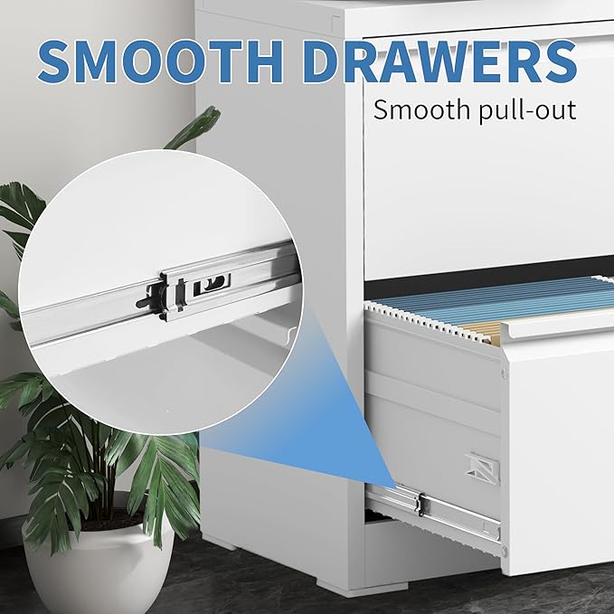 FLIXELIO File Cabinets 2 Drawer,Metal Office Storage Filing Cabinet with Lock,White Lateral Filing Cabinet for Home Office,Horizontal Two Drawer File Cabinet for Legal/Letter/A4,Assembly Require,White