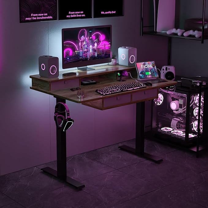 FiCiHi Adjustable Height Standing Desk with 4 Drawers,48 x 30 inches Electric Sit Stand Home Office Desk with Two Tiers, 3 Memory Presets, Monitor Stand Riser, USB A/C Charging Port
