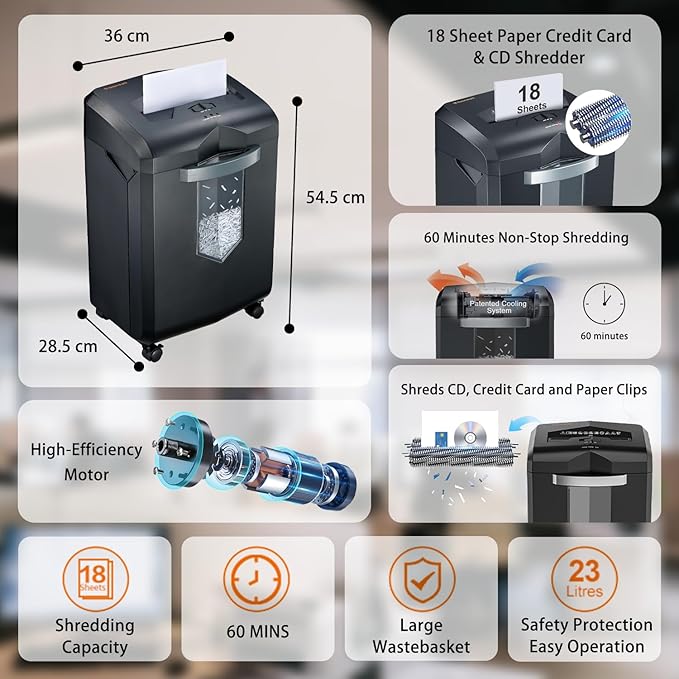 Bonsaii Heavy Duty 18-Sheet Office Shredder – 60-min Continuous Run, Cross-Cut P-4 Security, 6-gal bin with Window, 4-Wheel Design, Shreds Paper, Credit Cards & Staples – Black.
