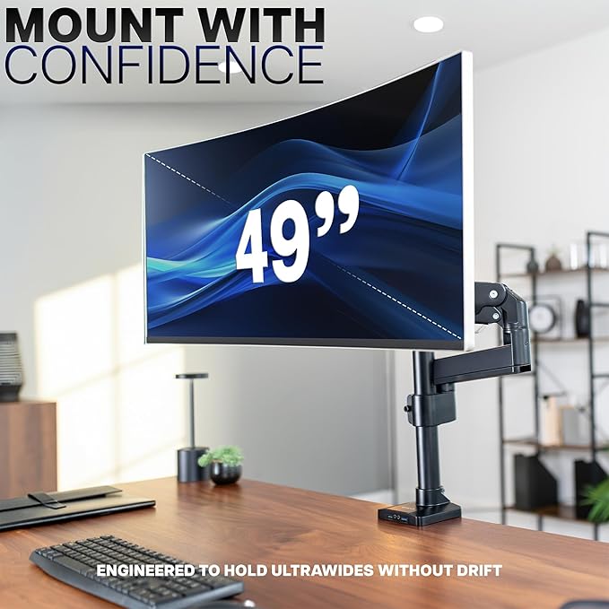 VIVO Premium Aluminum Tall Extended Monitor Arm for Ultrawide Monitors up to 49 inches and 33 lbs, USB Single Desk Mount Stand, Pneumatic Height Adjust, Max VESA 100x100, Black, STAND-V101GTU