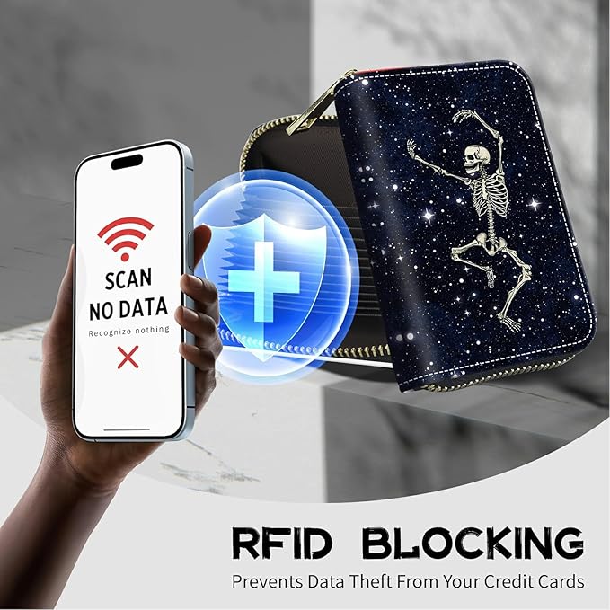 BWEGRHE Cute Credit Card Holder with Zipper, Dance Skull Skeleton RFID-Blocking Card Case Small Wallet for Women Men, Multi-slot Card Organizer Case Travel Accordion Wallet