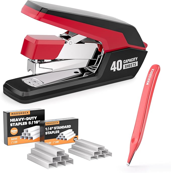 MARSROCK Effortless Stapler for Desk with 40-50 Sheet Capacity, 2000 Staples, 1-Touch Stapling, Ergonomic & Easy to Load Desktop Staplers, Heavy Duty Stapler, and Magnetic Staple Remover, Red