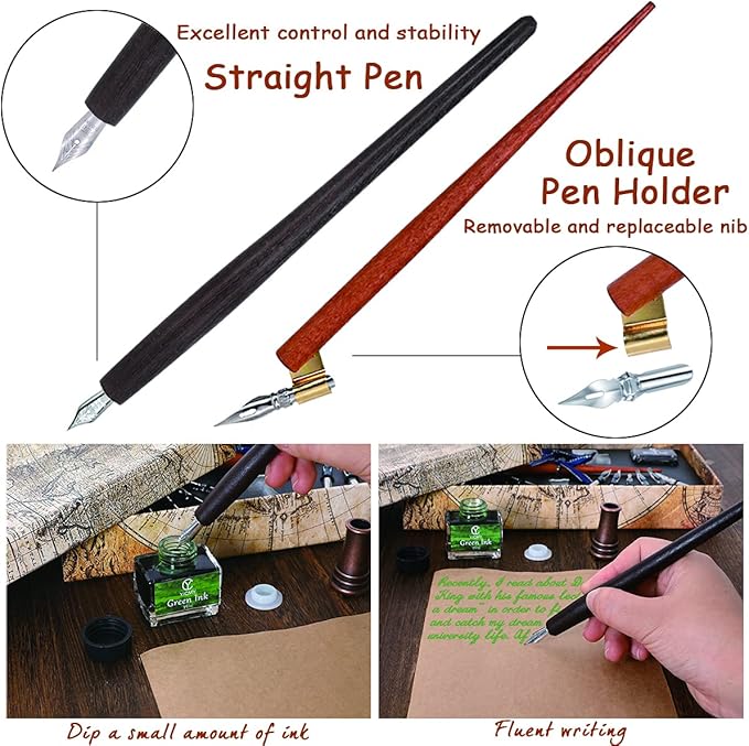 YICMY Calligraphy Pen Set,Calligraphy Set For Beginners Includes Oblique Pen Wooden Calligraphy Pen 12 Pen Nibs & 4 Different Color Inks Dip Pen Set Fountain Pen Set Retro Gift