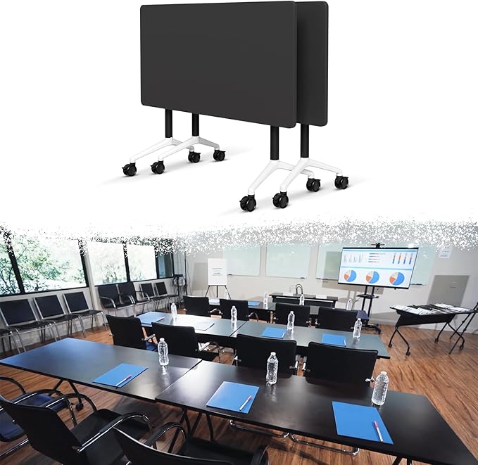 Goakwwuz Conference Room Table, Folding Conference Tables,Thicken Grey Tabletop,Flip Top Wooden Seminar Meeting Room Table for Conference Room Offices (2, Black, 47.2“)