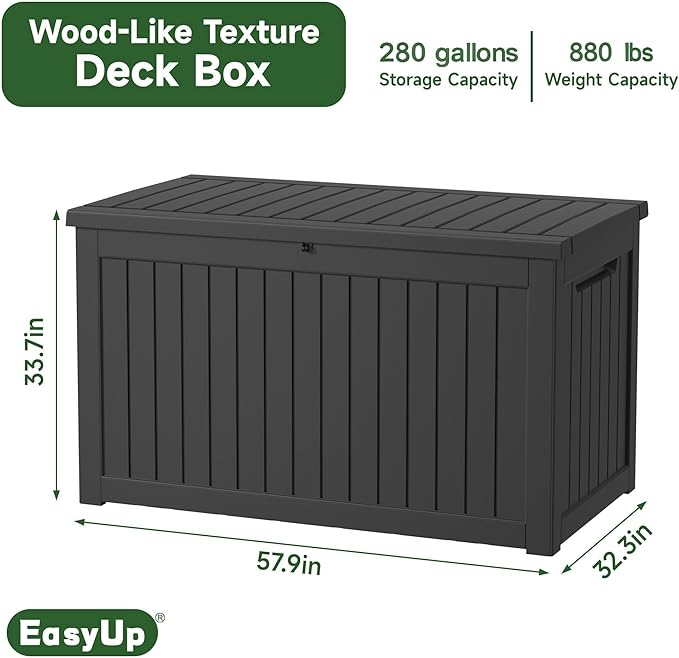 EasyUp 280 Gallon Deck Boxes Waterproof, Outdoor Large Storage Boxes with Lids, Outside Resin Storage Box & Deck Boxes for Patio, Garden Use(Black)