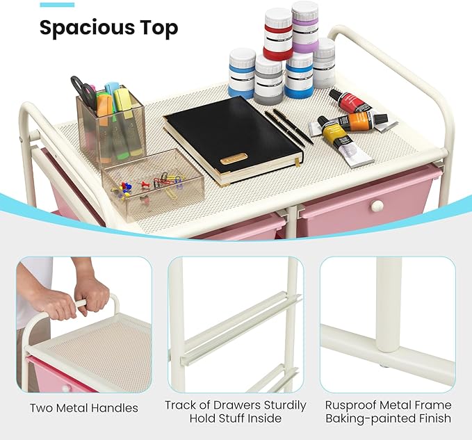 GLACER 10 Drawer Rolling Cart, Storage Cart with Lockable Whieels & Metal Frame, Trolley for Art Craft Oganizer, Mobile Utility Cart for Office, School, Classroom, Kitchen (Pink Gradient)