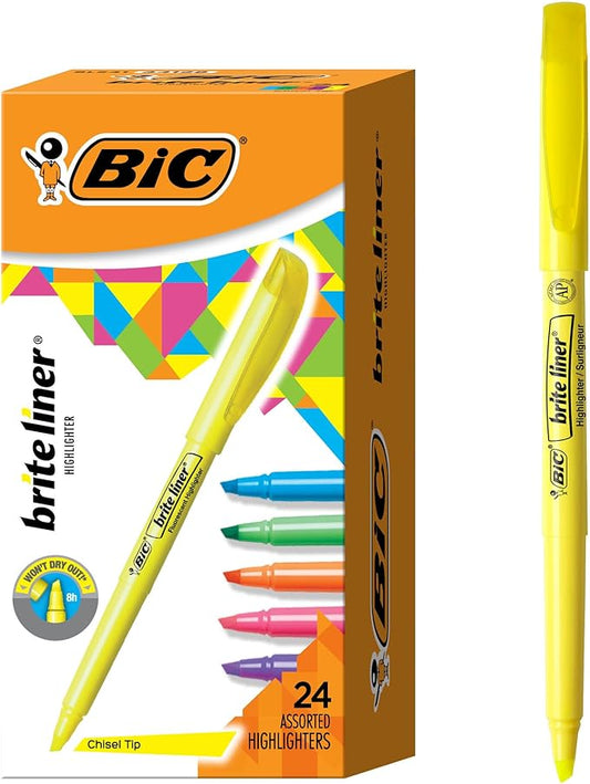 BIC Brite Liner Highlighters Chisel Tip Assorted Colors | Vibrant | 24-Count, Pack of 12