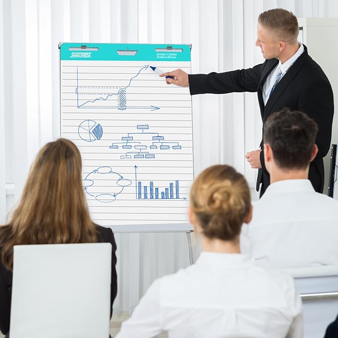SHARBDA Lined Sticky Easel Pad, 25 * 30 inch,Self-Stick Flip Chart Paper, Super Adhesive & Bleed-Resistant,Micro-Perforated Tear,Classroom Teacher Office Presentation Pads,4 Pads/Pack,120Sheets