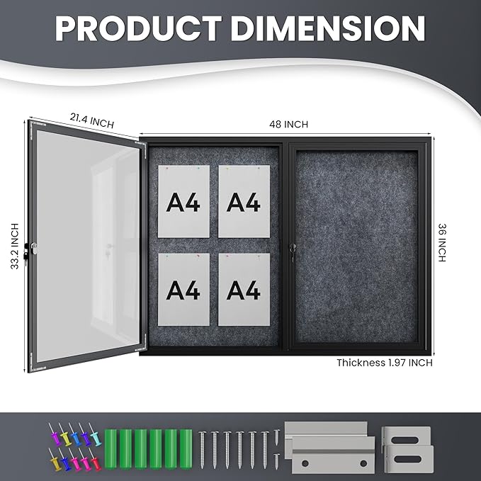 48"x36" Lockable Enclosed Bulletin Board, Outdoor Flet Weather-Resistant Aluminum Frame Notice Board, Wall Mounted Display Case Acrylic Doors for School,Office,Black Frame w/Grey Flet
