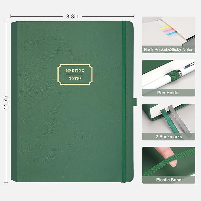 EMSHOI Meeting Notebook for Work with Sticky Tabs - 240 Pages, A4 Size Project Planner, PU Leather Meeting Agenda/Minutes Organizer for Women Men Note Taking Office Business, 8.3"x11.7", Dark Green