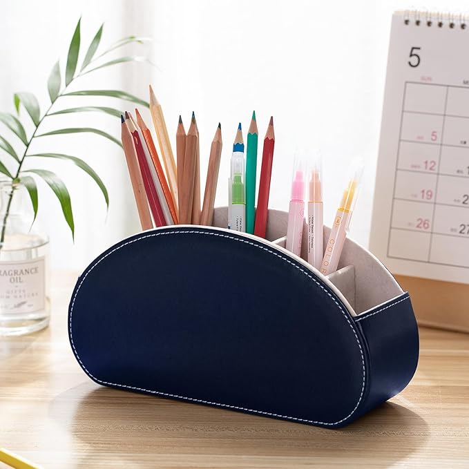 Remote Control Holders Organizer Box with 5 Compartment PU Leather Multi-functional Office Desk Storage Caddy Store Tv Remote for Media Player,Brush,Pencil,Glassees&Office Supplies (Dark Blue)